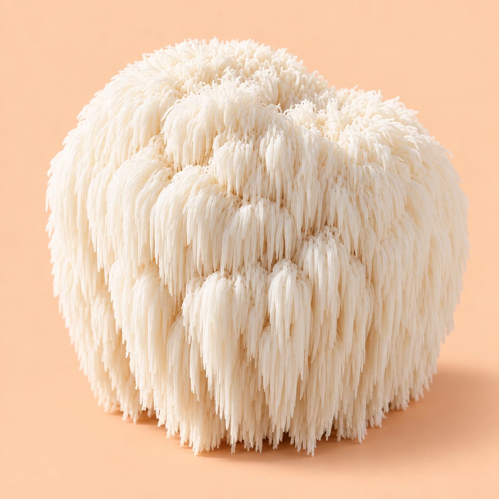 Cut-out of a real Lion's Mane mushroom, shaggy snow-white cascading spines, centred on a soft peach circle